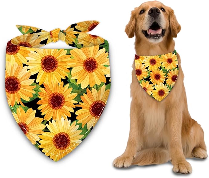 Sunflower with Leaves Dog Bandana Washable Pets Scarf Triangle Adjustable Handkerchief