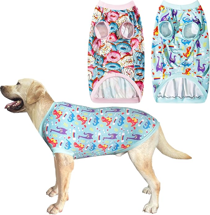 2 Pack Dinosaur+Colorful Doughnut Cute Prints Dog Vest T-Shirt for Large Dog (3XL,DinosaurDoughnut)