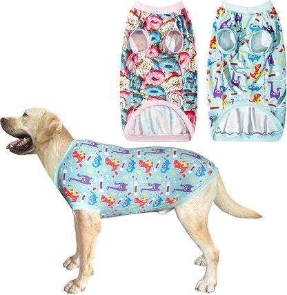 2 Pack Dinosaur+Colorful Doughnut Cute Prints Dog Vest T-Shirt for Large Dog (3XL,DinosaurDoughnut)