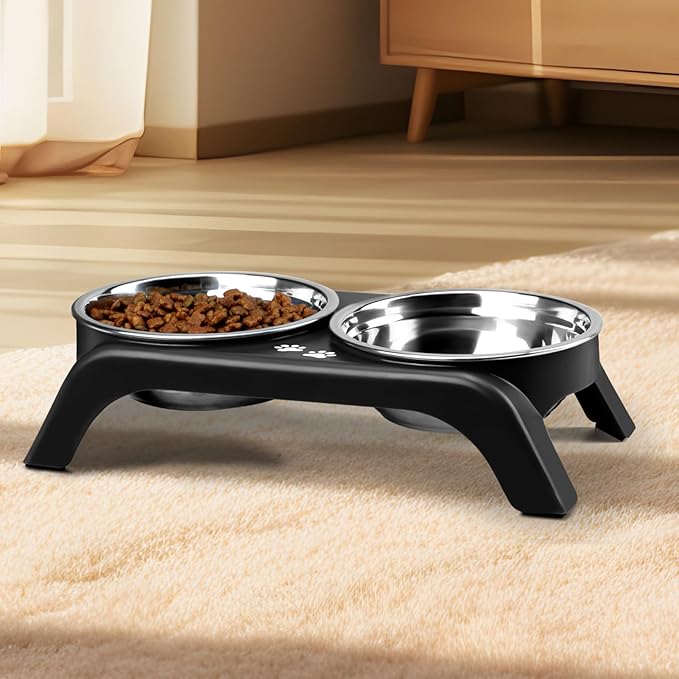 Elevated Cat Bowls - Anti-Vomiting Raised Cat Bowl Stand with 2 Thick Stainless Steel Cat Bowls Non-Slip for Small Medium Indoor Cats & Puppies, Dishwasher Safe, Black