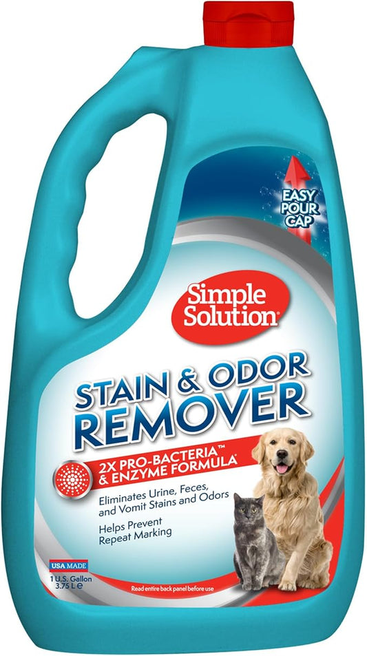 Simple Solution Stain and Odor Eliminator Spray for Dogs & Cats, Enzyme Cleaner With 2X Pro-Bacteria Cleaning Power, Strong Smell Remover for Carpets, Upholstery & Floors, 1 Gallon