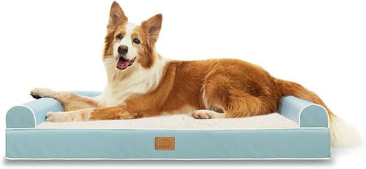 XL Dog Bed for Extra Large Dogs Deluxe Plush & Faux Leather Orthopedic Dog Bed for Large, Jumbo Dogs Breeds, Waterproof Dog Couch with Washable Removable Cover, Zipper, Bolster - Sky Blue