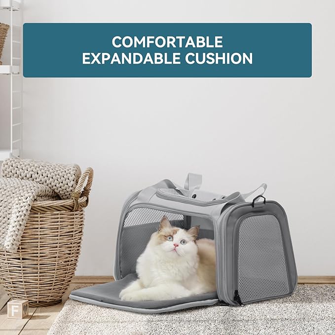 PETSFIT Cat Carrier, Pet Carrier Airline Approved, Soft Carrier for Small and Medium Cats Under 12 Lbs, Soft Cat Travel Carrier, Kitten Carrier with Extendable Mat, Grey