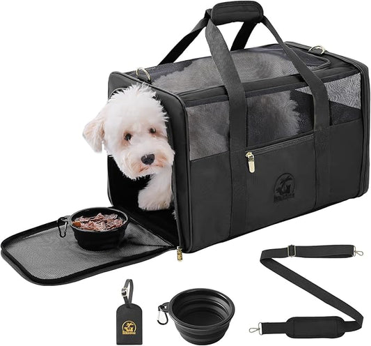 Luxury Pet Carrier for Dogs, Cats, Puppies - Airline TSA Approved, Durable Anti-Scratch Fabric, Soft-Sided, Consistent Airflow, Foldable Design, Cushion Pad, Travel (Black, Large)