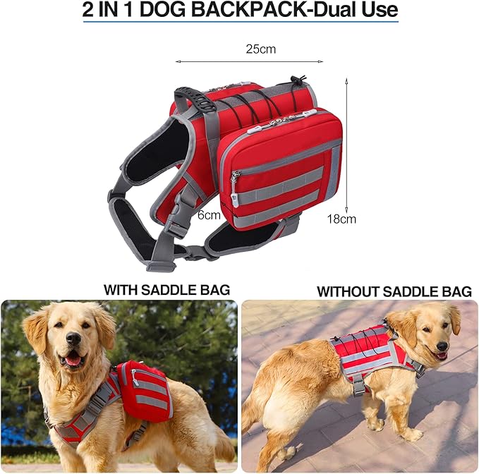 BYGD Dog Saddle Backpack for Dog to Wear, Lightweight Detachable Dog Hiking Backpack, Waterproof Dog Backpack Harness with Removable Bags for Large Dogs Walking Outdoor (L,XL Red)