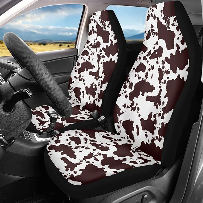 Brown Cow Print Auto Car Seat Cover Front Seats Only Van,2PCs Set