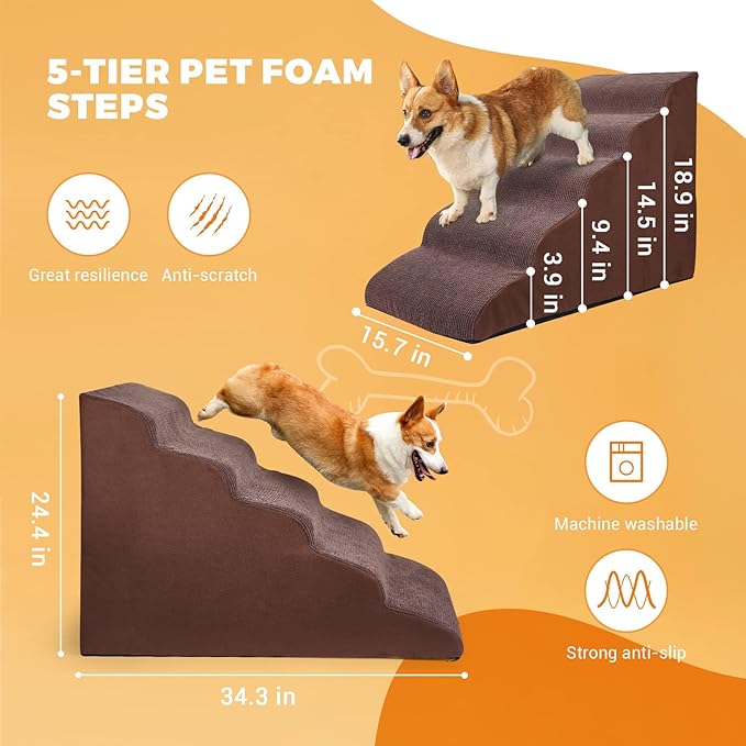 Foam 5 Tier Dog Steps&Stairs for High Beds 25 inches High