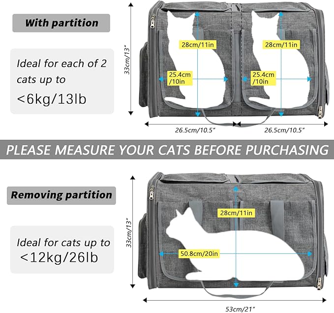 Cat Carrier with Wheels for 2 Cats, Double Compartment Pet Carrier on Wheels for 2 Cats, 21" x 17" x 13" Not for Airline