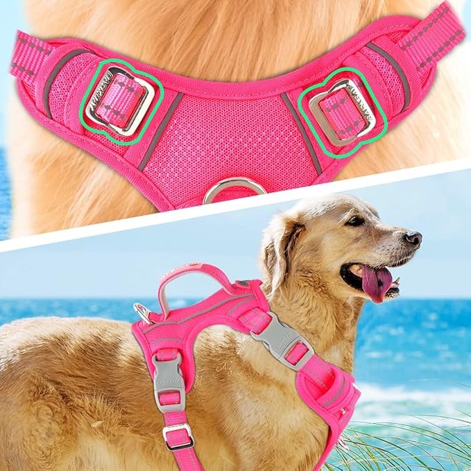 BARKBAY No Pull Dog Harness 3 Buckles Large Step in Reflective Dog Harness with Front Clip and Easy Control Handle for Walking Training Running with ID tag Pocket(Pink,L)