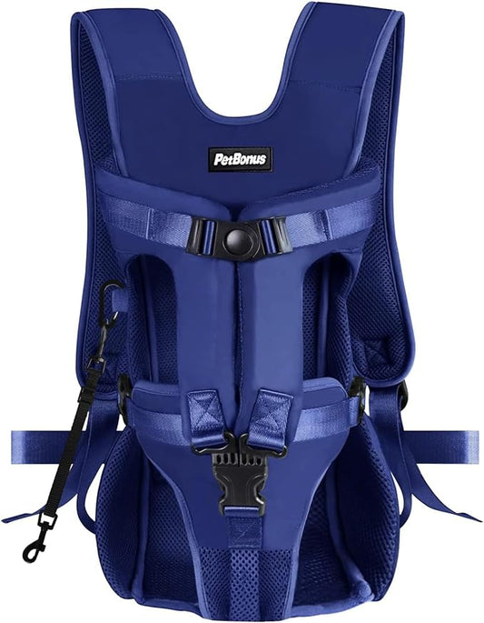 PetBonus Pet Front Dog Carrier Backpacks, Adjustable Dog Backpack Carrier, Legs Out Easy-fit Dog Chest Carrier for Medium Small Dogs, Hands Free Dog Front Carrier for Hiking, Cycling (Navy Blue, M)