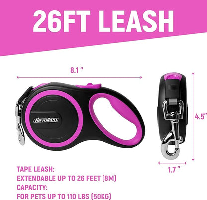 26 FT Retractable Dog Leash with No Tangle 110lbs, One-Handed