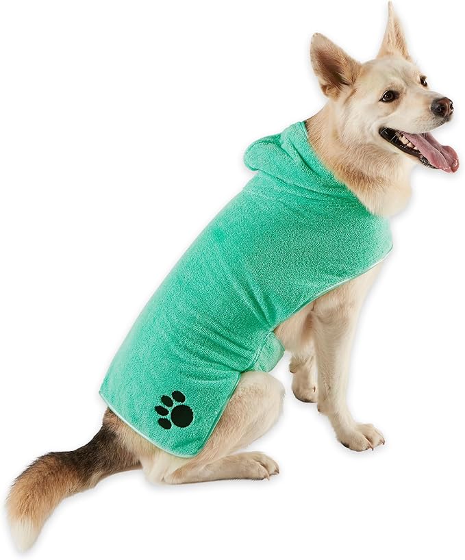 Bone Dry Pet Robe Collection Embroidered Absorbent Microfiber Bath Robe with Adjustable Closure, for Dogs & Cats, Large, Aqua