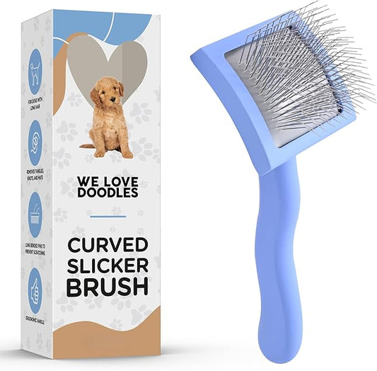 Slicker Brush for Dogs, Dog Grooming Supplies - Best Doodle & Poodle Brush for Long Haired Dogs - Goldendoodle Long Pin Dentangler Brush For Dematting (Small Curved)