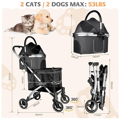 Double Pet Stroller for 2 Dogs or Cats 52LBS Gray