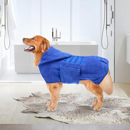 Geyecete Dog Drying Coat with Hood for After Bath Bathrobe Towel Dog Drying Coat for Wet Walking in Rain/Snow-Dry Fast Dog Bag-Pineapple Grid Fast Drying-Blue-S