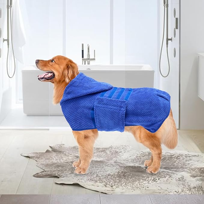 Geyecete Dog Drying Coat with Hood for After Bath Bathrobe Towel Dog Drying Coat for Wet Walking in Rain/Snow-Dry Fast Dog Bag-Pineapple Grid Fast Drying-Blue-L