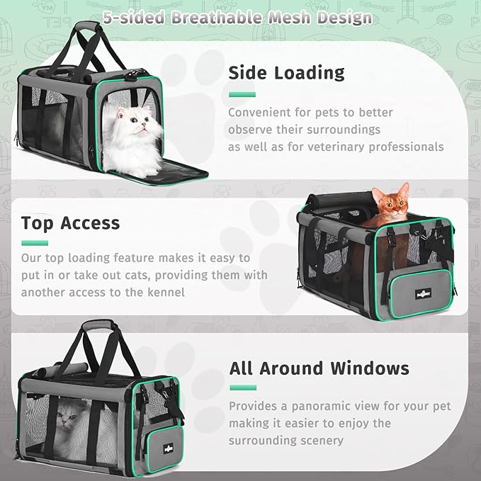 Pet Carrier, Collapsible Airline Approved Dog Cat Carrier, Soft Top Load Cat Carrier Bag for Small Medium Cat & Dog Under 20 lbs, Cat Travel Carrier Bag with Safety Lock Zipper, Gray