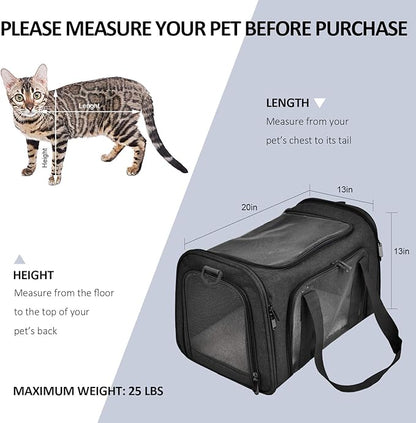 Henkelion Large Soft Sided Cat and Pet Carrier for Cats and Puppies up to 25Lbs - Collapsible, Waterproof Travel Carrier - Black