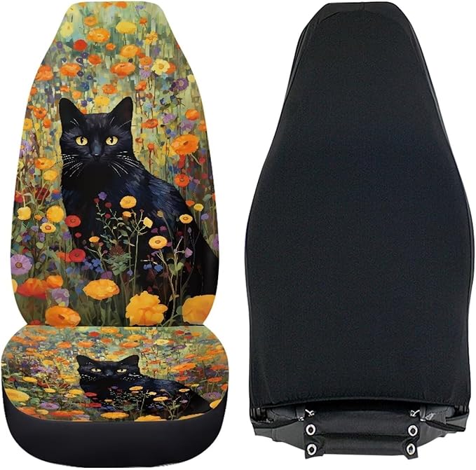 Black Cat Flower Car Seat Covers Front Seats Only Bucket Seat Covers Car Seat Covers for Women Universal Fit Automotive Seat Covers for SUV