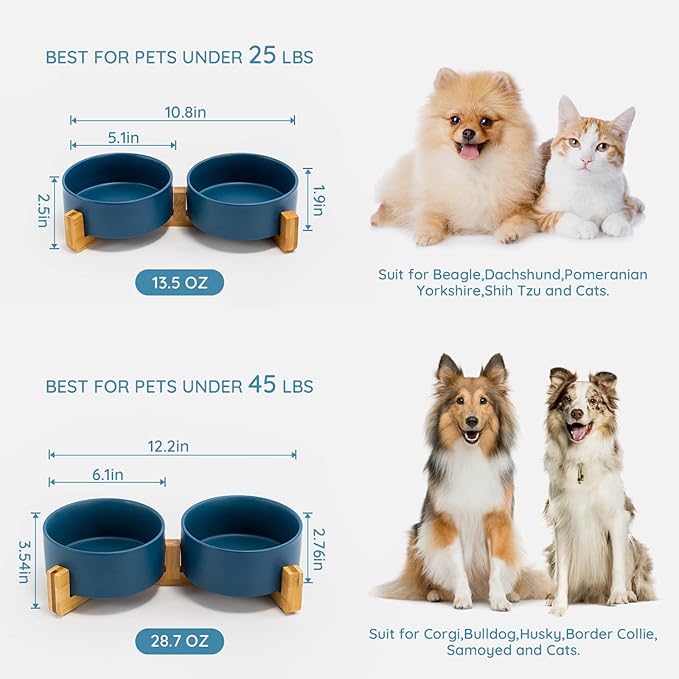 SPUNKYJUNKY Ceramic Dog and Cat Bowl Set with Wooden Stand, Modern Cute Weighted Food Water Set for Small Size Dogs (13.5OZ) & Medium Sized Dogs (28.7OZ) & Cats (3.6 Cups, 2 × Blue)