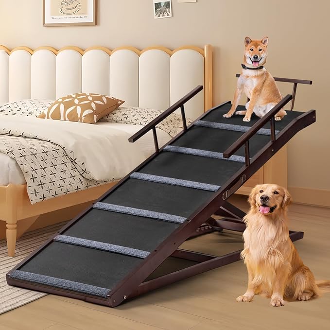 65 inches Dog Ramp for High Bed Couch Sofa, 6 Adjustable from 18"-33", Pet Ramps for Small Large Dogs Get on Bed Couch Car, Folding Portable Dog Stairs Dog Steps for Old Dogs Cat (Dark Brown)