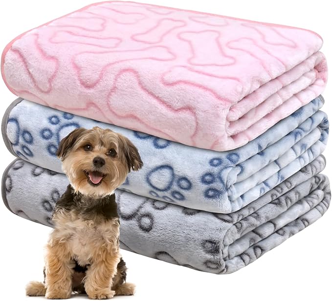 1 Pack 3 Dog Blankets for Small Dogs, Soft Fleece Dog Blanket Fluffy Pet Blanket Warm Sleep Mat Cute Paw Print Puppy Cat Blanket, Flannel Throw for Washable Dog Bed, Blanket for Dogs, 23"X16"