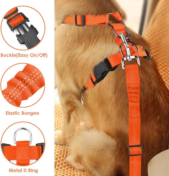 Lukovee Dog Seat Belt for Car, Adjustable Dog Car Harness for Large Medium Small Dogs, Soft Padded & Breathable Mesh Dog Seatbelt with Car Vehicle Connector Strap (Orange,XX-Small)