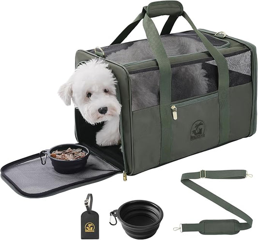 Luxury Pet Carrier for Dogs, Cats, Puppies - Airline TSA Approved, Durable Anti-Scratch Fabric, Soft-Sided, Consistent Airflow, Foldable Design, Cushion Pad, Travel (Olive Green, Large)