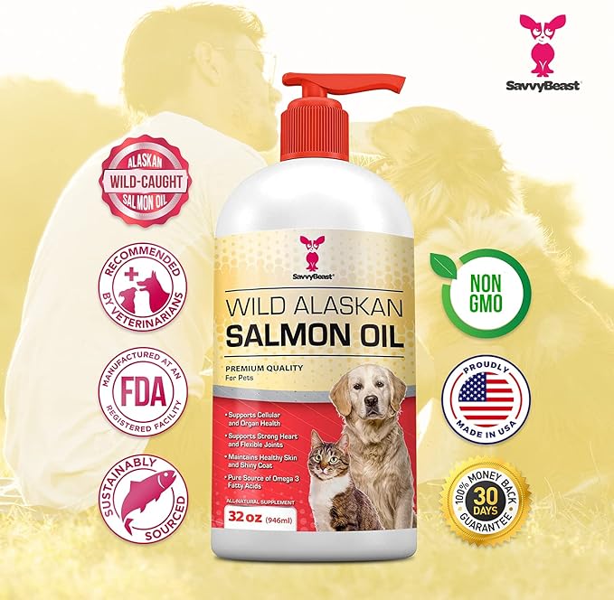 Pure Wild Alaskan Salmon Oil for Dogs, Cats, Ferrets - 32 oz Liquid Omega 3 Fish Oil, Pump on Food - Unscented All Natural Supplement for Skin and Coat, Joints, Heart, Brain, Allergy, Weight, Immune