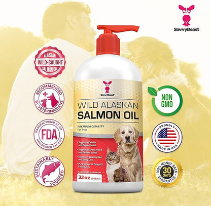 Pure Wild Alaskan Salmon Oil for Dogs, Cats, Ferrets - 32 oz Liquid Omega 3 Fish Oil, Pump on Food - Unscented All Natural Supplement for Skin and Coat, Joints, Heart, Brain, Allergy, Weight, Immune