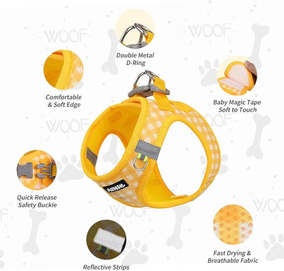 AIITLE No Pull Dog Harness and Leash Set, Step in No Chock Soft Mesh Dog Harnesses Reflective for Extra-Small Puppy Dogs and Cats, Plaid Dog Vest Harness for Pets Yellow XXS