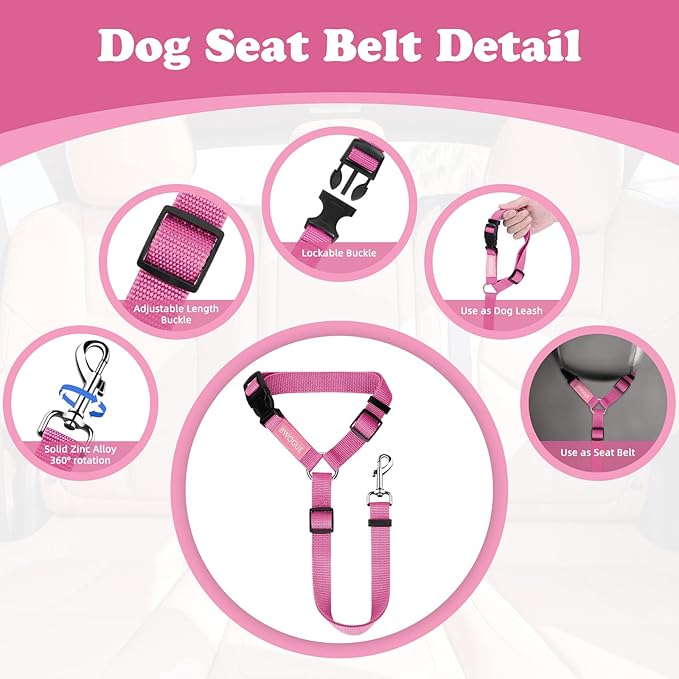 BWOGUE 2 Packs Dog Cat Safety Seat Belt Strap Car Headrest Restraint Adjustable Nylon Fabric Dog Restraints Vehicle Seatbelts Harness