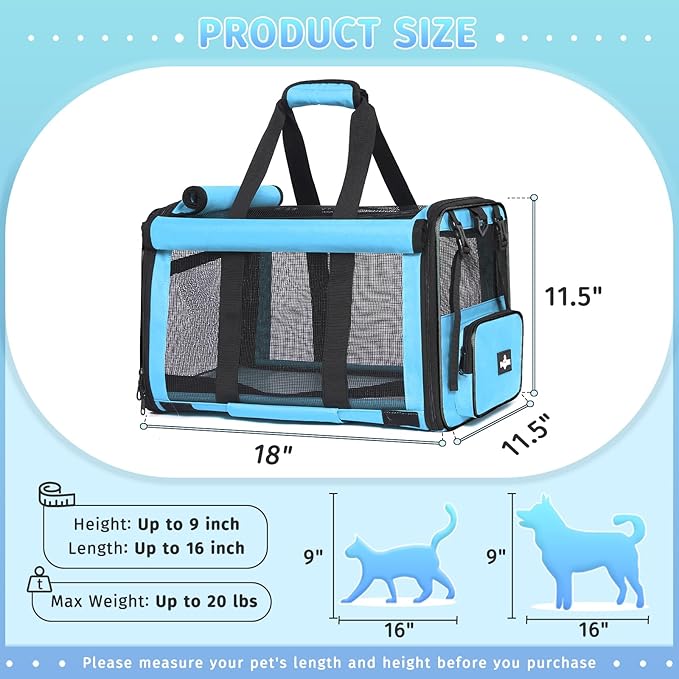 Pet Carrier, Collapsible Airline Approved Dog Cat Carrier, Soft Top Load Cat Carrier Bag for Small Medium Cat & Dog Under 20 lbs, Cat Travel Carrier Bag with Safety Lock Zipper, Blue