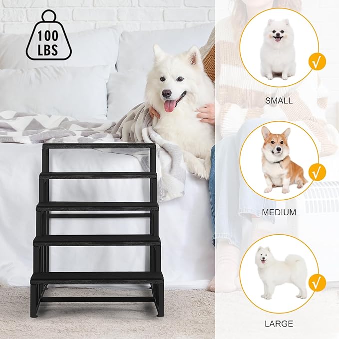 5 Steps Dog Stairs for Small Dogs Wood Pet Stairs for High Bed Black Dog Bed Stairs for Large Dog Pet Steps for Small Dogs for Tall Beds Dog Steps for Couch Support up to 100 lbs