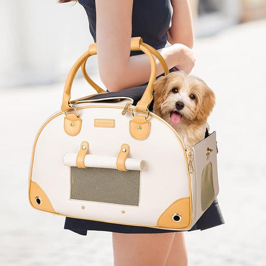 Dog Carrier, Cat Carrier, Pet Carrier, Foldable Premium PU Leather Dog Purse, Portable Tote Bag Carrier for Small to Medium Cats and Small Dogs（Creamy White -Small）