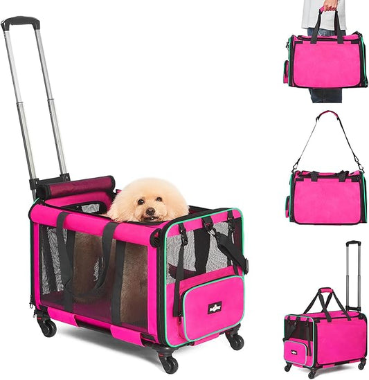 Large Cat Carrier with Wheels, Foldable Rolling Cat Carrier for 2 Cats with Wheels for Cat Dog Under 30 lbs, Cat Carrier Travel Bag with Large Pocket for Outdoor, Pink