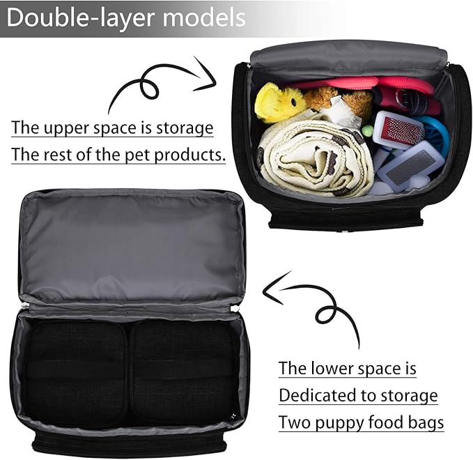 BAGLHER Pet Travel Bag, Double-Layer Pet Supplies Backpack (for All Pet Travel Supplies), Pet Travel Backpack with 2 Silicone Collapsible Bowls and 2 Food Baskets Black