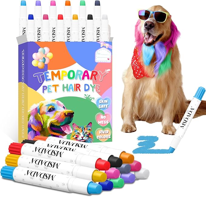 MSDADA 12 Color Washable Dog Hair Dye Paint Temporary Pet Fur Markers Safe Hair Color Crayons for Small to Large Boy & Girl Puppy Stuff Accessories