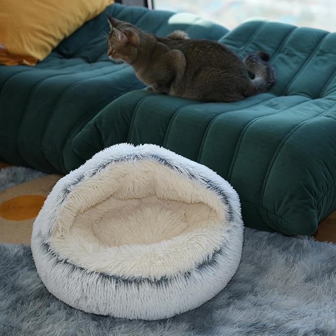 Calming Pet Bed for Small Dog Cat with Hooded Cover Round Beds for Small Medium Pets Anti-Slip Faux Fluff Coved Bed for Improved Sleep (grey 19.6 * 19.6 in)