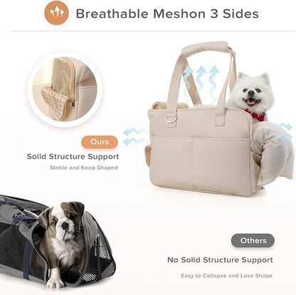 Pet Carrier, Dog Carrier, Soft Soft Sided Folding Cats Carrier for Small Medium Cats Puppies up to 18 Lbs, Washable Breathable Puppy Carrie Carrier for Outdoor Travel(Large Beige)