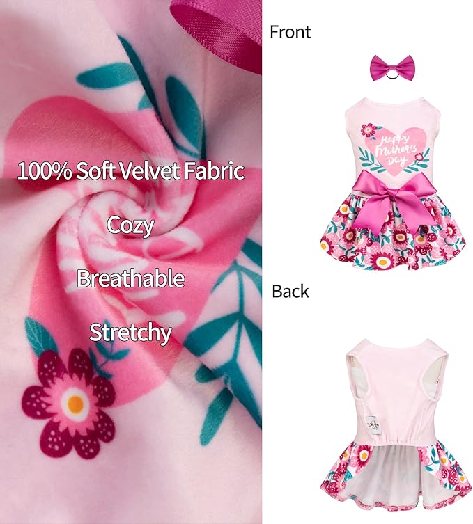 CuteBone Happy Mother's Day Dog Dress Velvet for Small Dogs Girl Floral Skirt Pink Puppy Dresses Dog Clothes CVA22S-D