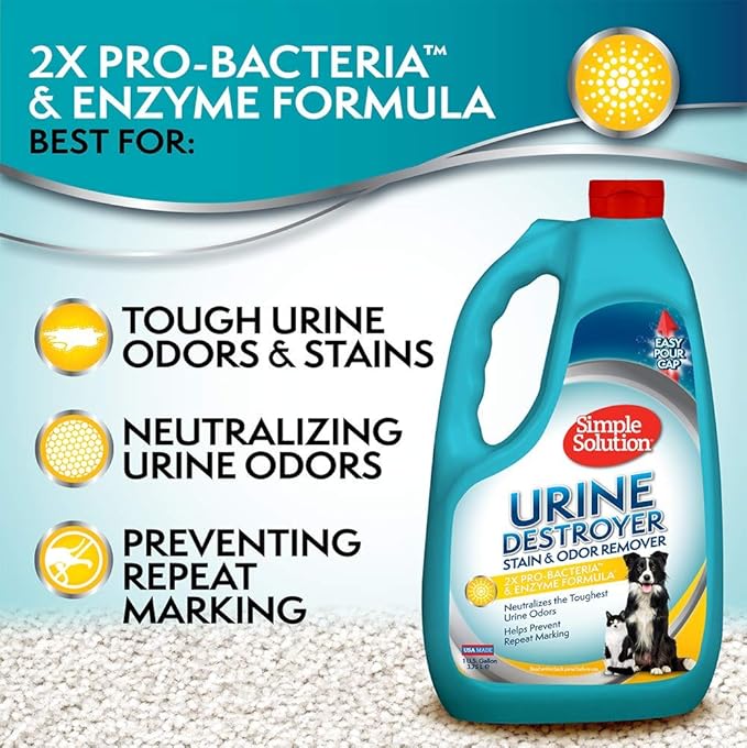 Simple Solution Pet Urine Destroyer | Enzymatic Cleaner with 2X Pro-Bacteria Cleaning Power | Targets Urine Stains and Odors | 1 Gallon, 128 oz Refill