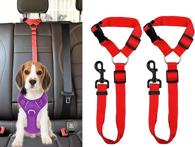 2 Packs Dog Cat Safety Seat Belt Strap Car Headrest Restraint Adjustable Nylon Fabric Dog Restraints Vehicle Seatbelts Harness (Red)