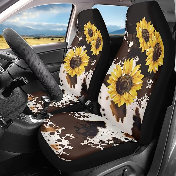 Cow Sunflower Print Car Seat Covers Front Seats Only Air Mesh Cloth Automotive Vehicle Seat Covers Cars Interior for Cars