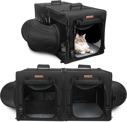 PETUX Cat Travel Carrier with Litle Box, Portable 2-in-1 Cat Carrier for 2 Cats, Various DlY Methods Cat Carrier Soft with Tunnel Tube-with Flannel Mat, Hammock, Protable Tote (Black)