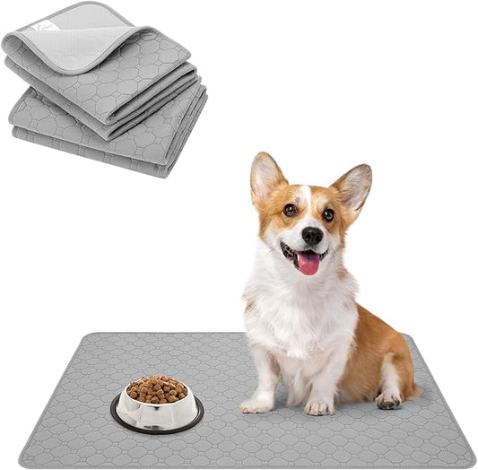 BINGPET Waterproof Dog Food Mat Non-Slip 2 Pcs,24" X 16" Anti-Slipextra Large Dog Food Mat for 2 Pack Dog Bowls,Absorbent Pet Feeding Mats Washable Pee Pads for Puppies Cats,Bone & Paw Pattern