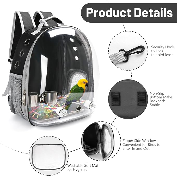 Bird Travel Backpack Carrier, Bird Cage for Small Medium Size Bird Parakeet Budgies Cockatiel, Space Capsule Clear Bubble Window with Stainless Steel Tray Food Bolw Standing Perch (Black)