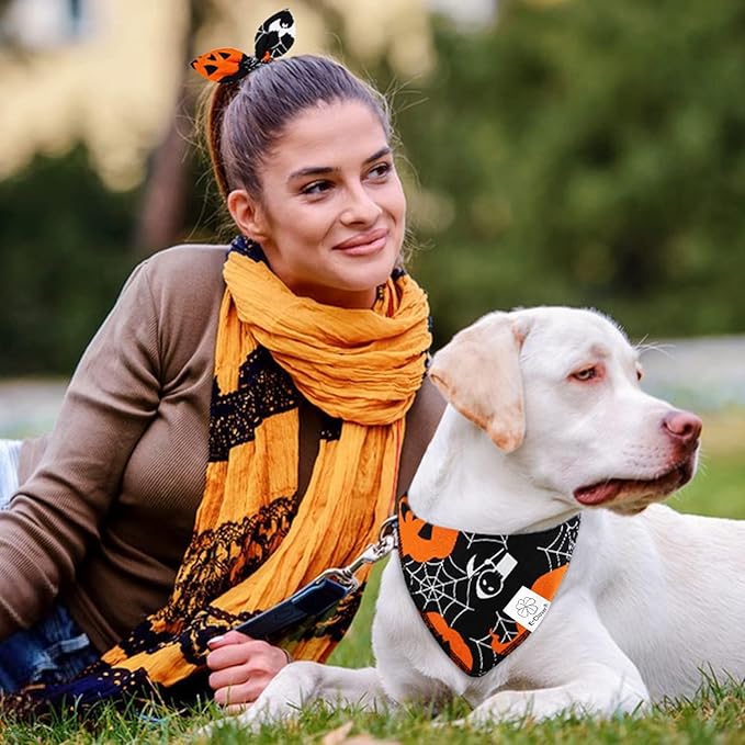 E-Clover Halloween Dog Bandanas-Pumpkin Dog Bandana Matching Scrunchie
