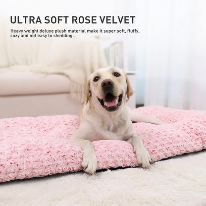 KSIIA Washable Dog Bed Deluxe Plush Dog Crate Beds Fulffy Comfy Kennel Pad Anti-Slip Pet Sleeping Mat for Large 35" x 23", Pink