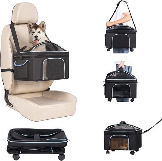 4-in-1 Dog Car Seat and Cat Carrier with Removable Wheels Booster Car Seats for Small Dogs Cats Comes with Shoulder Strap Clip-On Safety Leash and Thickened Pads, Pet Travel Carrier Bed up to 20 lbs